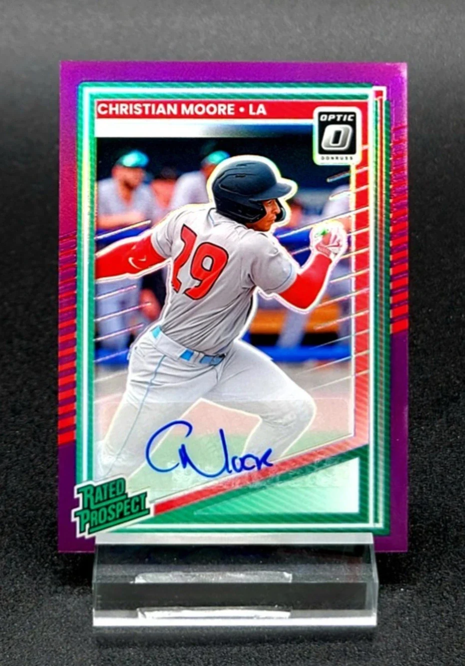 2025 Christian Moore Auto 15/49 Donruss Optic Rated Prospects Purple L.A. Angels